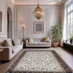 Minyatur White & Dark Blue Traditional Area Rug – Turkish Flatwoven Carpet, Low-Pile Viscose Medallion Pattern