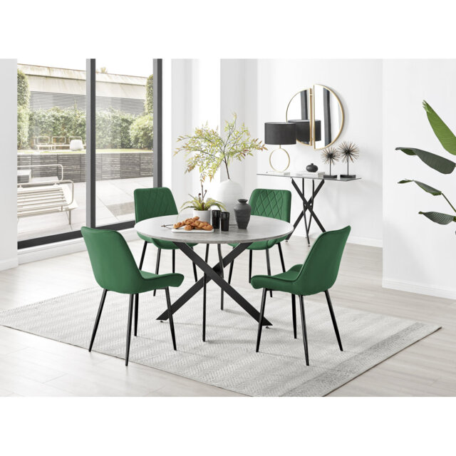 Tierra Modern Chrome Metal & Glass Round Dining Table Set with 4 Luxury Velvet Dining Chairs