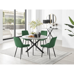 Tierra Modern Chrome Metal & Glass Round Dining Table Set with 4 Luxury Velvet Dining Chairs