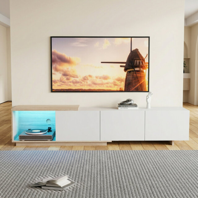 180-240Cm Extendable TV Unit Modern TV Stand With 3 Drawers, Media Console Cabinet With LED Lights For Living Room Storage, White