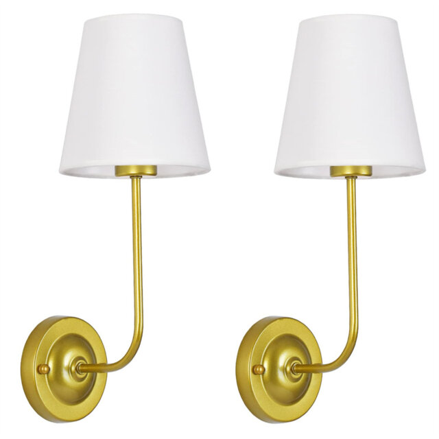 Modern Wall Light Set Of 2 White Fabric Shade Wall Sconce Hardwired Indoor Wall Lamp For Living Room Dining Room Bedside Reading, Brushed Brass