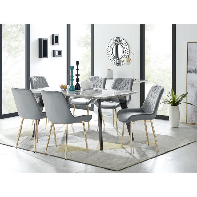 Anders Modern Veneer Marble Effect Dining Table Set with 6 Luxury Velvet Dining Chairs
