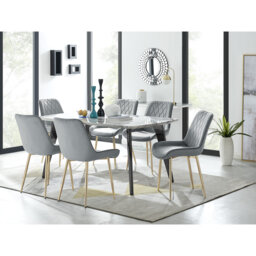Anders Modern Veneer Marble Effect Dining Table Set with 6 Luxury Velvet Dining Chairs