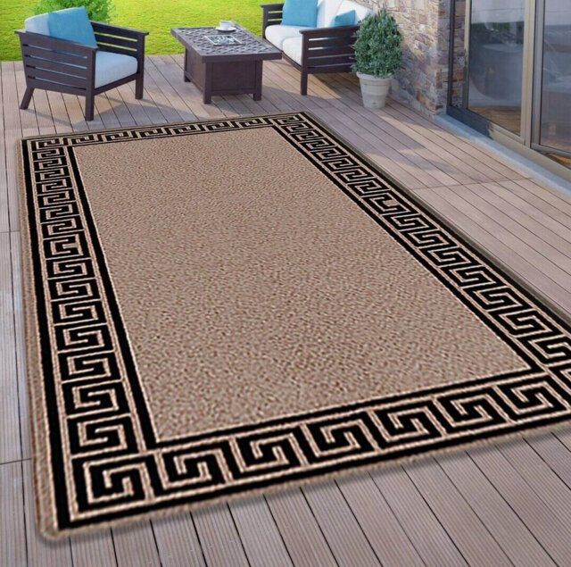 Plain Rug with Greek key Bordered Gel backed Rug Ameah Beige/Black Rug