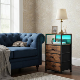 Black LED Bedside Table with 3 Fabric Drawer, Charging Station