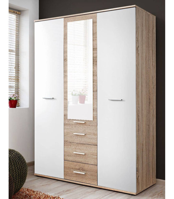 Dino 1 Hinged Wardrobe 135cm - White Matt & Oak Sonoma with Mirror and Ample Storage