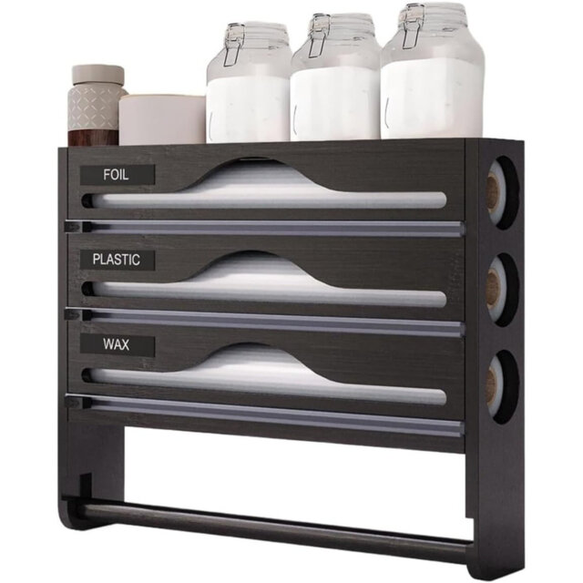 Foil Wrap Dispenser with Cutter, 4-in-1 Aluminum plastiic Wrap Organizer with Labels, Reusable Kitchen Storage Box