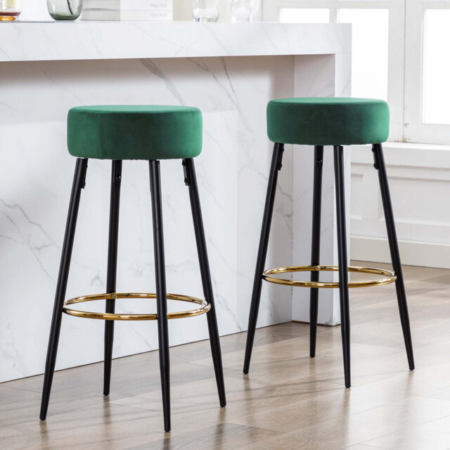 Modern Velvet Bar Stool with Gold Footrest and Black Metal Legs, Counter Height Kitchen Stool