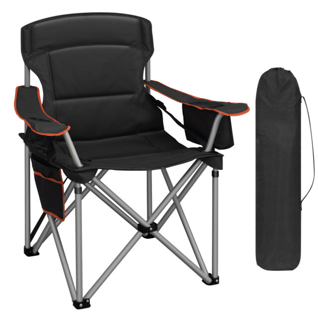 Folding Camping Chair for Adults Oversized 220KG, Heavy Duty Padded Camping Chair with Adjustable Lumbar Support, Cooler Bag, Cup Holder for Garden Ba