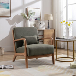 Solid Wood Accent Chair with Lumbar Pillow & Toss Cushion, Linen-Blend Armchair with Square Arms, Mid-Century Lounge Chair for Living Room & Bedroom