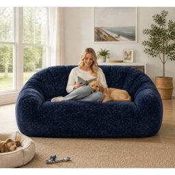 2‑Seater Fluffy Shaggy Bean Bag Sofa, Shell‑Shaped Curved Back Floor Sofa