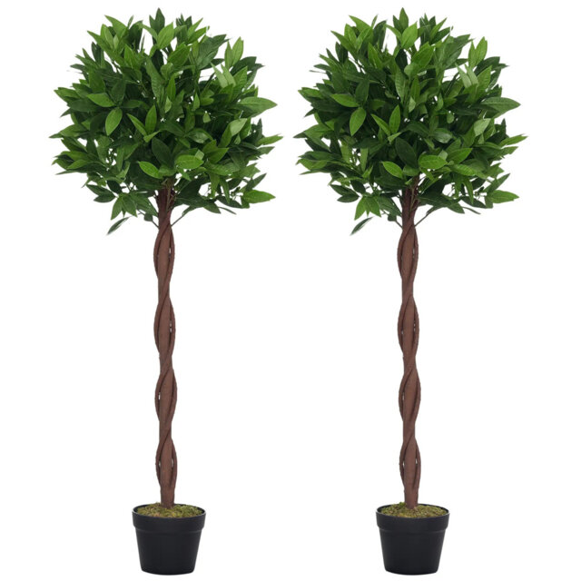 Artificial Bay Laurel Topiary Trees W/ Pot Fake, Set Of 2 Indoor Greenery Plant Home Office Garden Decor Green