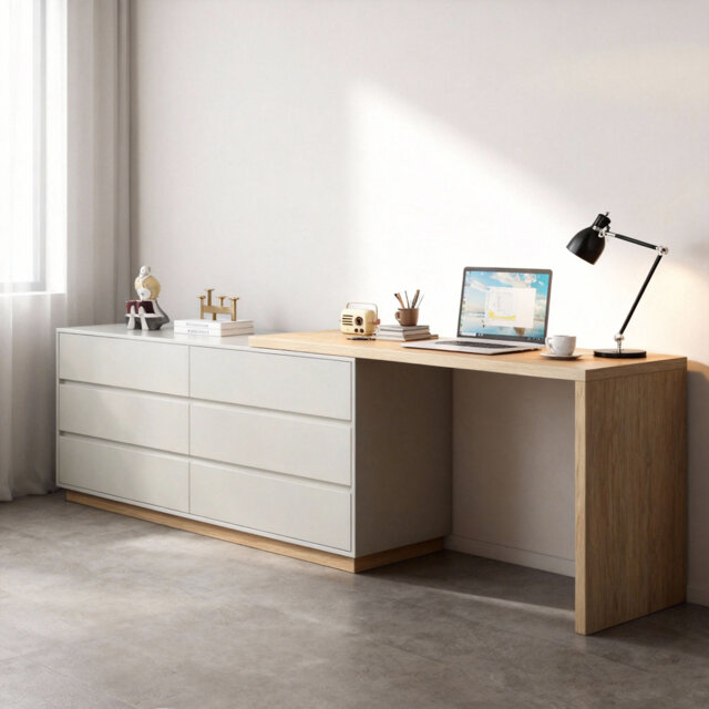 Adjustable Desk 160-250cm with 6 Soft-Close Drawers - 360Â° Swivel Base - Configurable as Straight or L-Shaped Workstation for Office & Bedroom  Wood