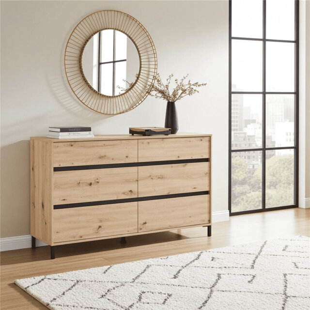 Aaro Chest Of Drawers Bedroom Furniture Oak Effect 6 Drawers Modern 157cm Wide Bedside Cabinet Storage Unit