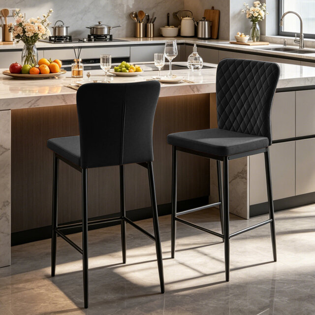 Velvet/Suede Fixed Height Bar Stool With Diamond Tufted Back