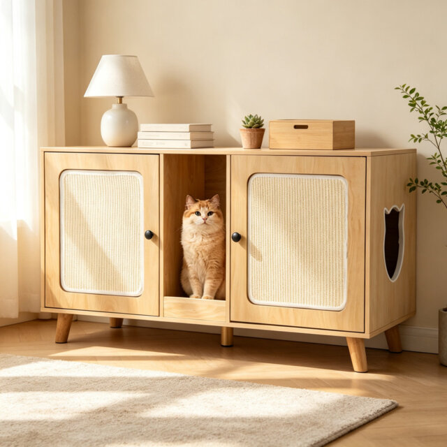 Hidden Cat Litter Box Enclosure Wooden Furniture - Indoor Cat House Side Table with Litter Trapping Mat & Comfort Mat, Decorative Kitty Litter Box Cab