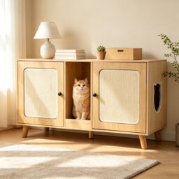 Hidden Cat Litter Box Enclosure Wooden Furniture - Indoor Cat House Side Table with Litter Trapping Mat & Comfort Mat, Decorative Kitty Litter Box Cab