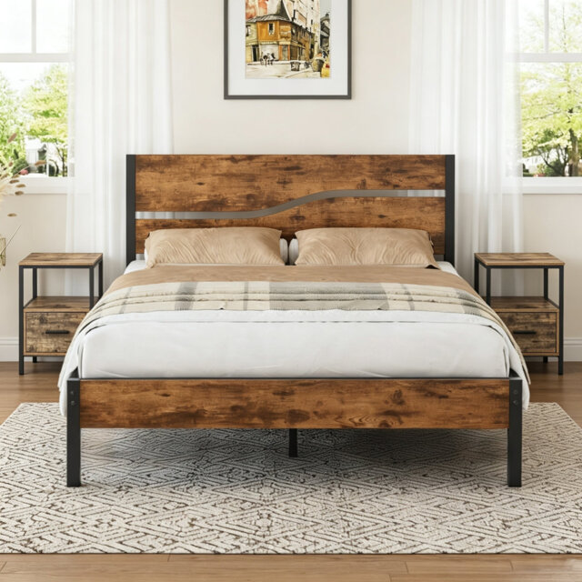 3 Piece Bedroom Set, Industrial Bed Frame with 2 Nightstands Set, Metal Platform Bed with Wood Headboard & Footboard, Farmhouse Bedroom Furniture Set