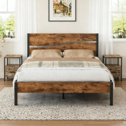 3 Piece Bedroom Set, Industrial Bed Frame with 2 Nightstands Set, Metal Platform Bed with Wood Headboard & Footboard, Farmhouse Bedroom Furniture Set