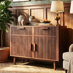 100cm W Nordic Slatted Sideboard, Slim 35cm Storage Cabinet with Hollow Drawers & Soft-Close Doors, Natural Oak & Walnut Finish