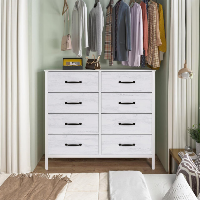 White Chest of Drawers, Wide Bedroom Furniture with 8 Drawers
