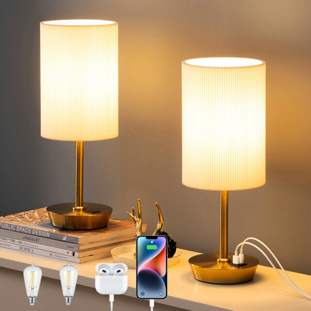 39cm Dimmable USB Metal Table Lamp with Linen Shade, Touch Control