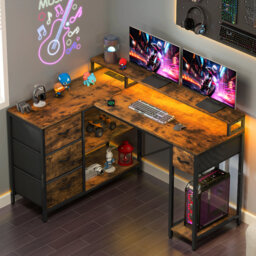 L-Shaped Computer Desk With 4 Drawers, Gaming Desk With Power Outlet And Monitor Stand, Corner Desk