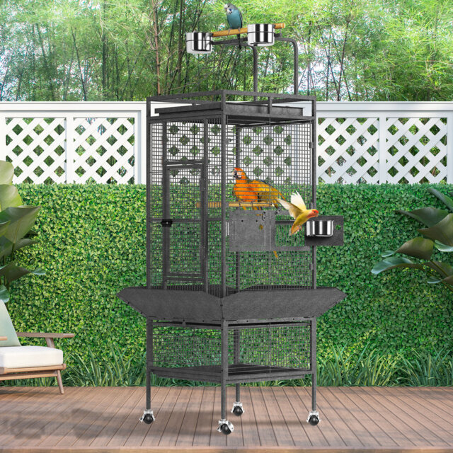 61in Large Bird Cage with Play Top, Rolling Stand, Perches and Feeder Bowls, Heavy-Duty Metal Parrot Cage with Seed Guard and Removable Tray