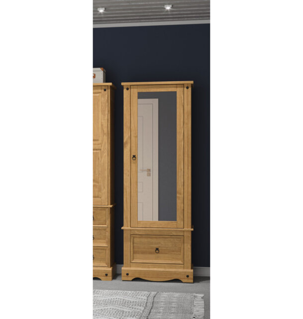 Apache 1 Mirrored Door, 1 Drawer, Compact Wardrobe, Pine, Waxed Finish, Corona Design