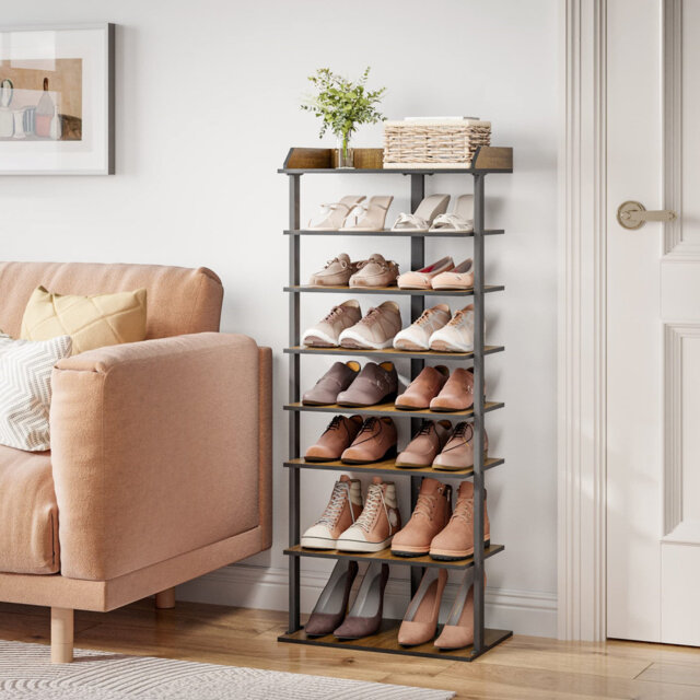 This 7-tiered, industrial-style, narrow shoe rack is ideal for the hallway, the living room and the bedroom. It measures 47cm L x 28cm W x 113cm H
