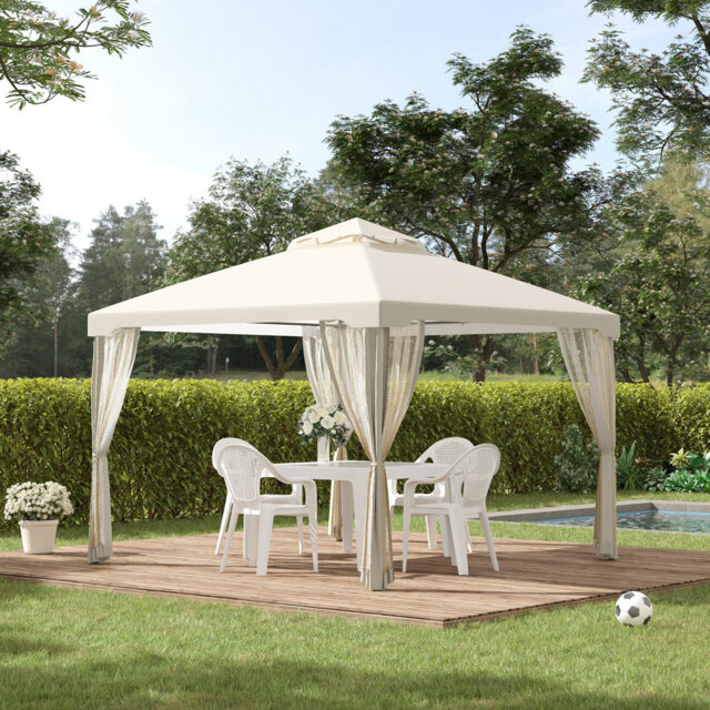 3 X 3m Cream White Metal Gazebo, Double Roof Outdoor Canopy Shelter With Mesh Sidewalls, Powder Coated Steel Frame Garden Pavilion For Patio Party Bbq