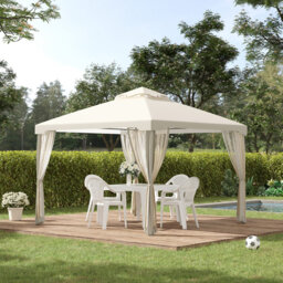 3 X 3m Cream White Metal Gazebo, Double Roof Outdoor Canopy Shelter With Mesh Sidewalls, Powder Coated Steel Frame Garden Pavilion For Patio Party Bbq
