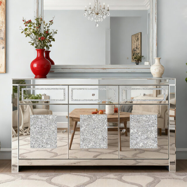Jasmic 135cm Mirrored Glass Sideboard with 3 Drawers 3 Doors