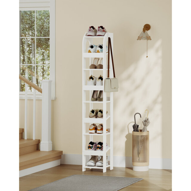 Vertical Shoe Rack, Shoe Shelves for Small Space, Freestanding Closet Wooden Shoes Organizer with Hooks, Adjustable Shoes Tower for Entryway, Living R