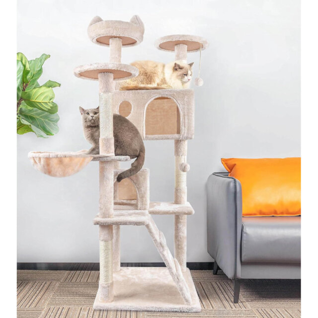 Cat Tree,151Cm Cat Tower With 2 Kitty Houses, Hammock, 4 Sisal Posts, Ladder, And Rest Place
