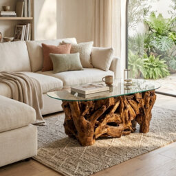 Modern Natural Teak Root Coffee Table with Tempered Glass Top Handmade Oval Wooden Center Table