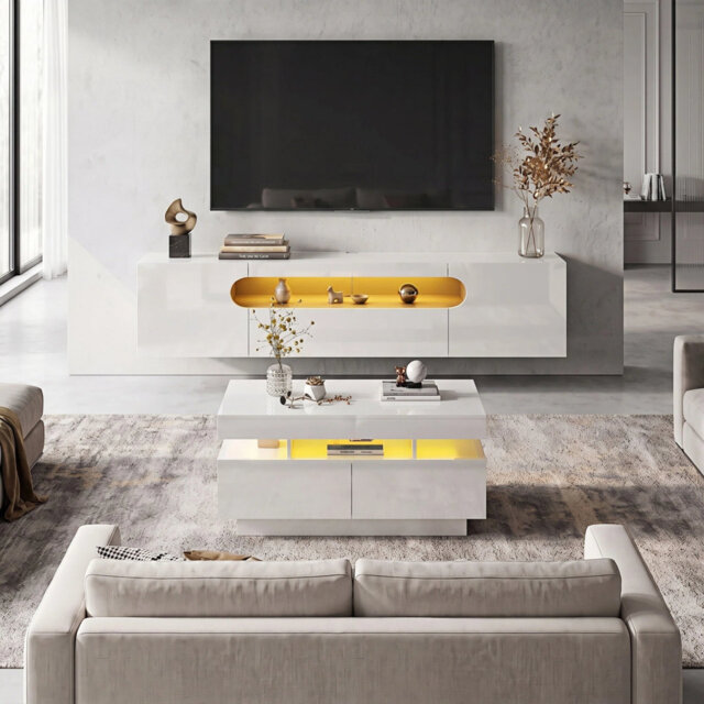 Modern Living Room Set, High-Gloss Floating LED TV Stand & Rectangular Coffee Table Combo