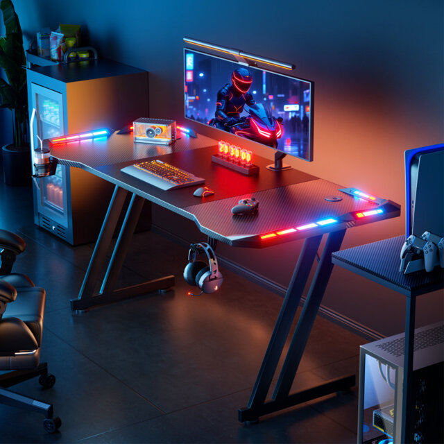Gaming Desk with LED Lights, Computer Gaming Table, Sturdy PC Desk for Home Office, Gamer Table with Headphone Hook and Cup Holder, Black