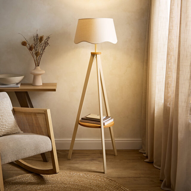Morrigan Painted Cream Tripod Floor Lamp with Natural Scalloped Shade and Bulb