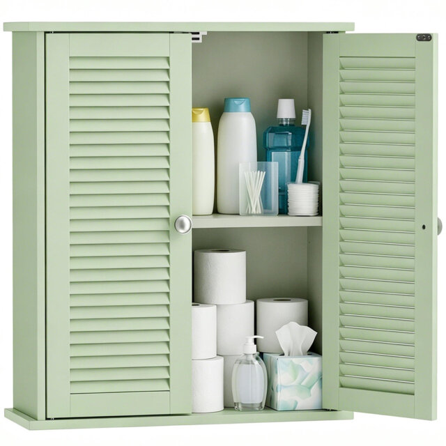 Light Green Wall Mounted Bathroom Storage Cabinet with Louvered Doors, Over-The-Toilet Space Saver Cupboard with Adjustable Shelf, Multi-Purpose Unit