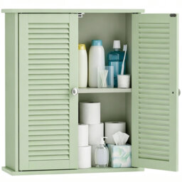 Light Green Wall Mounted Bathroom Storage Cabinet with Louvered Doors, Over-The-Toilet Space Saver Cupboard with Adjustable Shelf, Multi-Purpose Unit