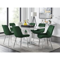 Scottsmoor Modern High Gloss & Glass Dining Set - 6 Luxury Velvet Mid-Century Upholstered Chairs
