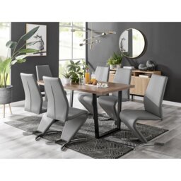 Kylooe Modern Brown Wood And Black Metal Dining Table Set With 6 Upholstered Faux Leather Chairs