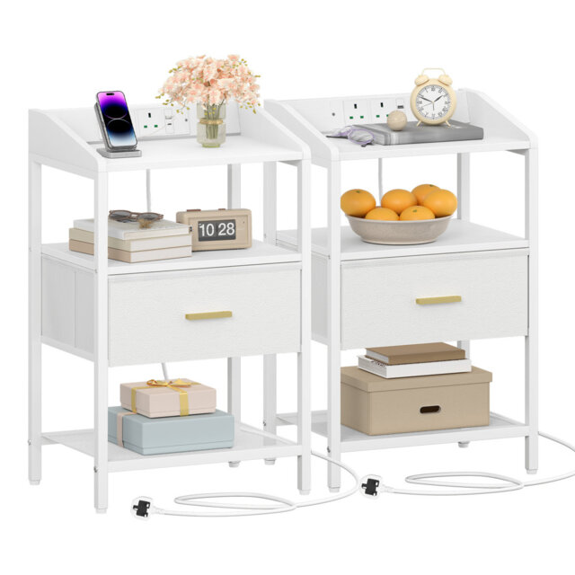 Bedside Table Set of 2 with Charging Station, Bedside Cabinet with 2 Open Shelf and 1 Fabric Storage Drawer, Side End Table with USB Ports & TypeC for