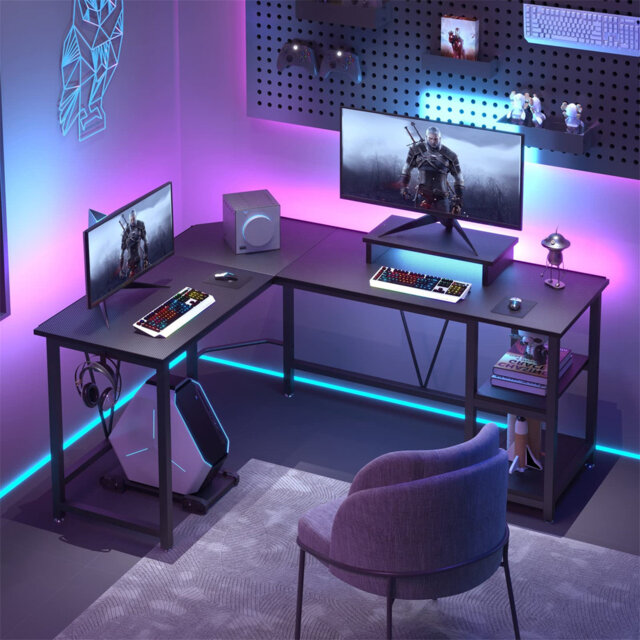 Computer Desk, L-Shaped Desk With 2-Layer Shelves,Large PC Laptop Table
