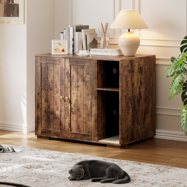 Modern Farmhouse Hidden Cat Litter Box Enclosure with Mark Pad, Charging Station & Open Shelf â Dog-Proof Cat House Cabinet â Indoor Side End Tabl