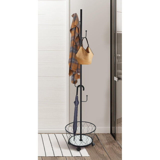 Metal 6-Hook Freestanding Coat Rack with Umbrella Holder