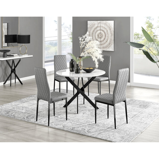 Tierra Modern Chrome Metal & Glass Round Dining Table Set with 4 Quilted Faux Leather Chairs