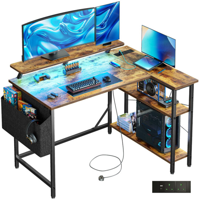 100 x 80 cm L-Shaped Gaming Desk with LED Lights & Power Outlets, Small Corner Computer Table with Storage Bag, Adjustable Shelves & Large Monitor Sta