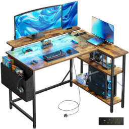 100 x 80 cm L-Shaped Gaming Desk with LED Lights & Power Outlets, Small Corner Computer Table with Storage Bag, Adjustable Shelves & Large Monitor Sta